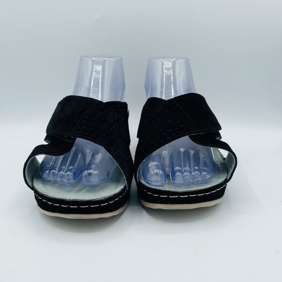 David Tate Shoes Womens 10 WW Wide Black Suede Leather Laser Cut Wedge Sandals - Picture 4 of 12